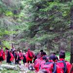 Kinder wandern während des Sommercamps des AC Mailand auf der Hochebene von Asiago auf dem Bergpfad path